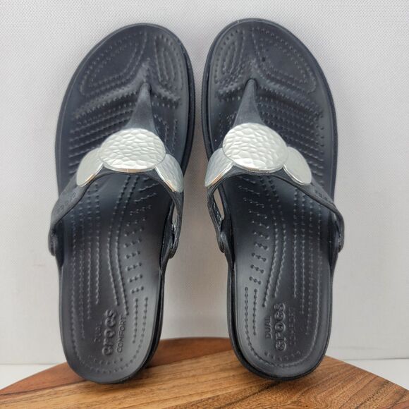 Crocs Womens Size 6 Black Sanrah Embellished Wedge Thong Sandals 204009 - Picture 6 of 9